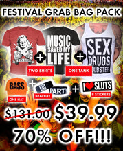 Load image into Gallery viewer, Festival Grab Bag Pack: 2 Shirts, 1 Tank, Hat, Wristband, 8 Stickers!